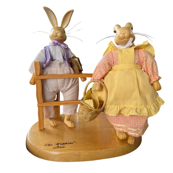 Raikes Originals THE HOPKINS Wood Carved Rabbit Couple w/ Fenced Stand Figures - Picture 1 of 13